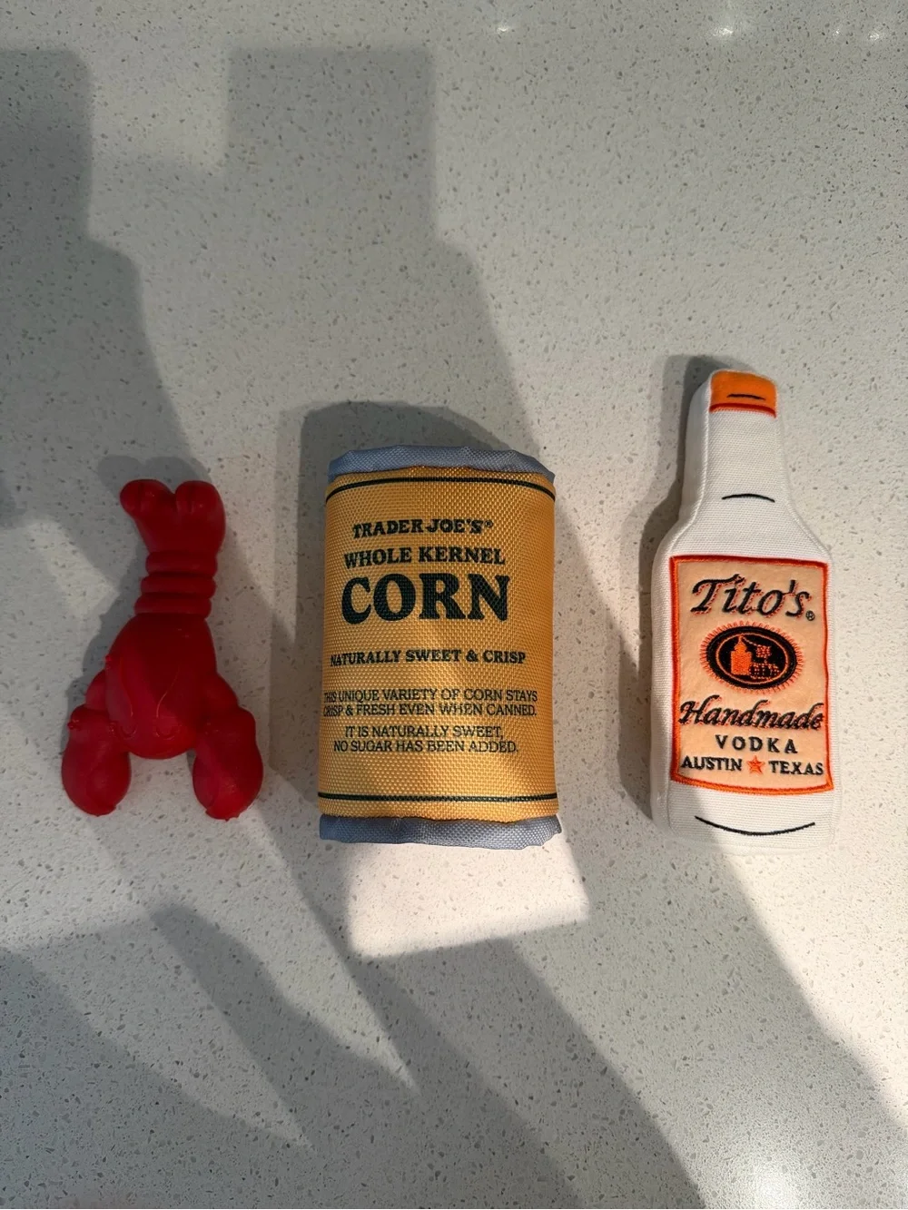 Dog Toy Bundle Nylabone Lobster, Trader Joe’s Corn Can & Tito’s Squeaky Bottle